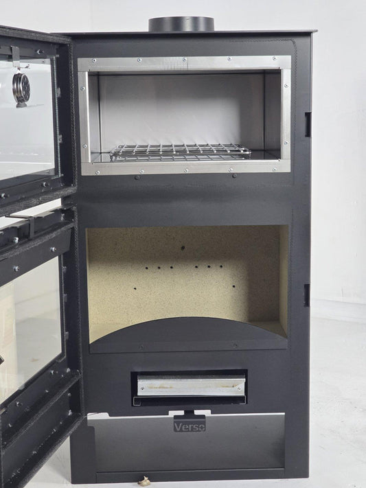 Verso F Inox — open oven and firebox