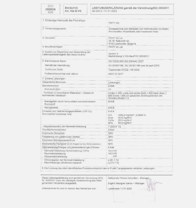Prity AC declaration of performance in German