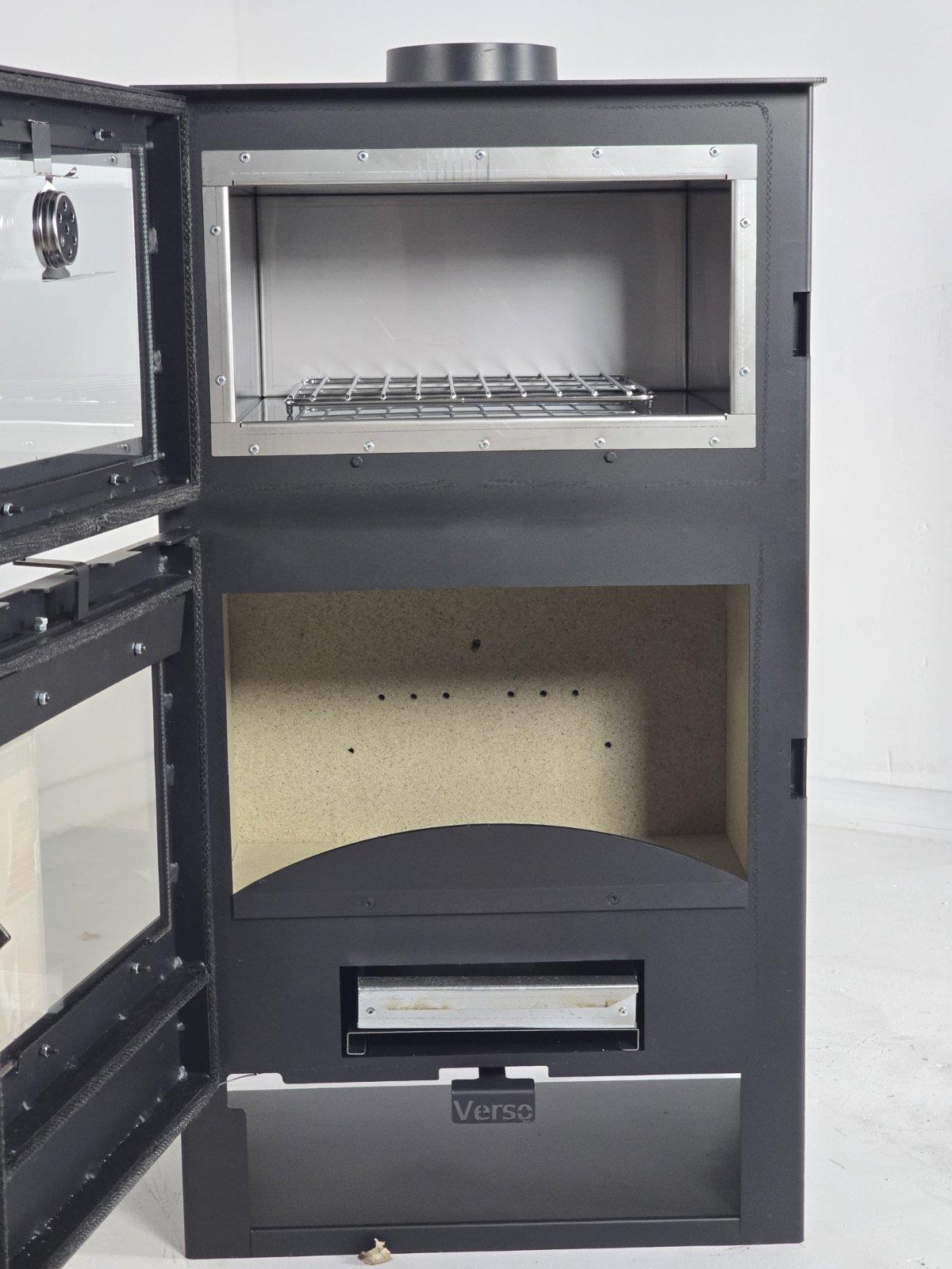 Verso F Inox — open oven and firebox