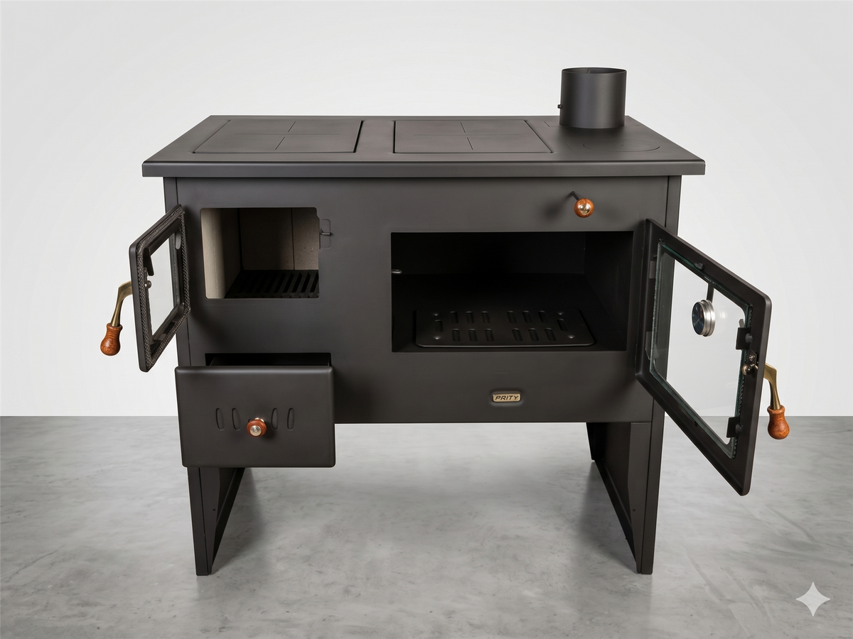 Prity 2P41 — Open oven and firebox doors