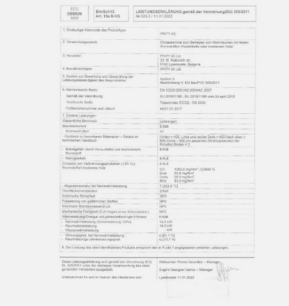 Prity AC declaration of performance in German