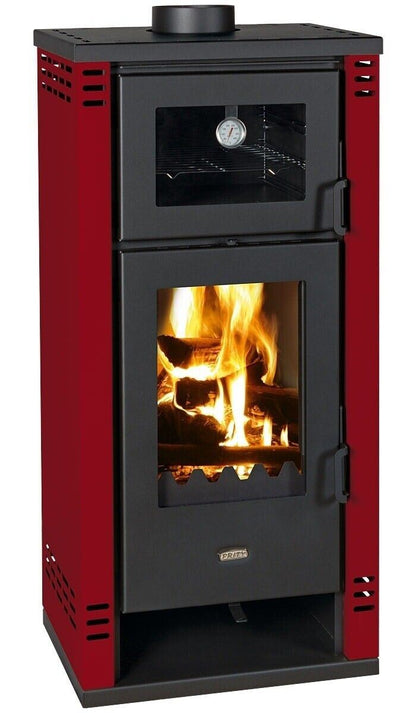 Prity K2 GT F — Red stove, front view with fire